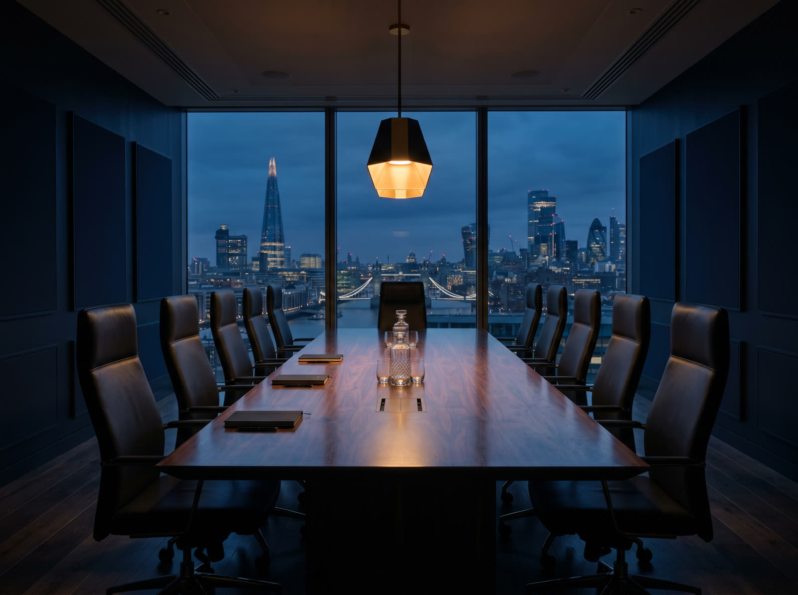 Quiet boardroom scene rendered in deep navy with warm gold accents — representing independent board advisory